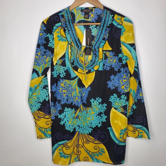 Andrea Jovine Womens Floral Tunic Top Size S Beaded Neckline Colorful Boho NWT - Picture 1 of 9